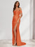 Sheath/Column One-Shoulder Sleeveless Sweep Train Evening Dresses with Split Side & Ruffles