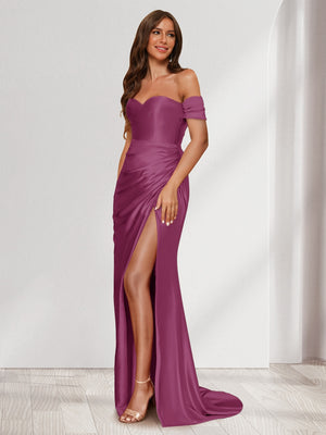 Sheath/Column One-Shoulder Sleeveless Sweep Train Evening Dresses with Split Side & Ruffles
