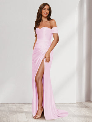 Sheath/Column One-Shoulder Sleeveless Sweep Train Evening Dresses with Split Side & Ruffles