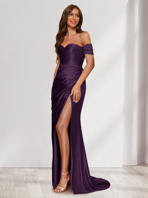 Sheath/Column One-Shoulder Sleeveless Sweep Train Evening Dresses with Split Side & Ruffles
