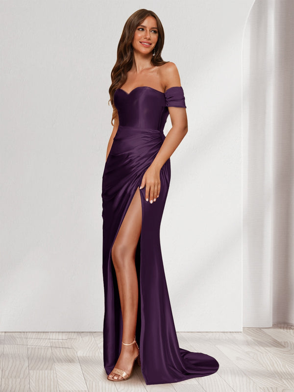 Sheath/Column One-Shoulder Sleeveless Sweep Train Evening Dresses with Split Side & Ruffles