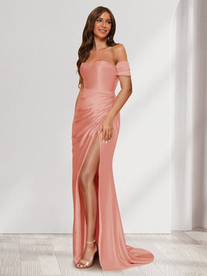 Sheath/Column One-Shoulder Sleeveless Sweep Train Evening Dresses with Split Side & Ruffles