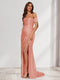 Sheath/Column One-Shoulder Sleeveless Sweep Train Evening Dresses with Split Side & Ruffles