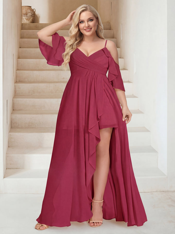 A-Line/Princess V-Neck Short Sleeves Floor-Length Chiffon Plus Size Bridesmaid Dresses with Ruffles
