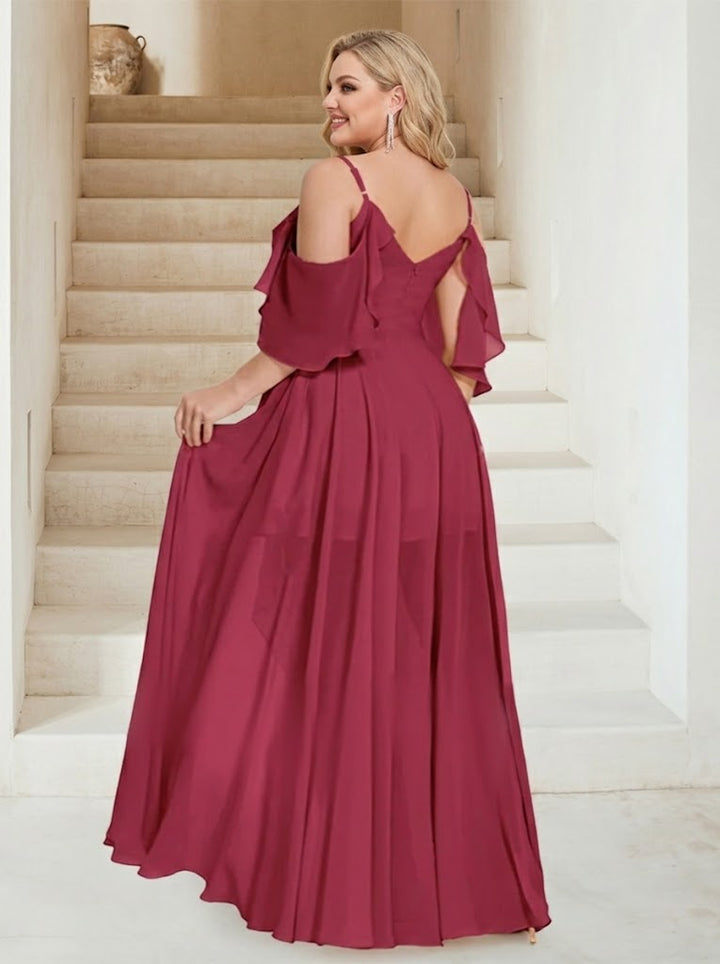 A-Line/Princess V-Neck Short Sleeves Floor-Length Chiffon Plus Size Bridesmaid Dresses with Ruffles