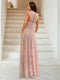 A-Line/Princess V-Neck Short Sleeves Floor-Length Evening Dresses with Lace