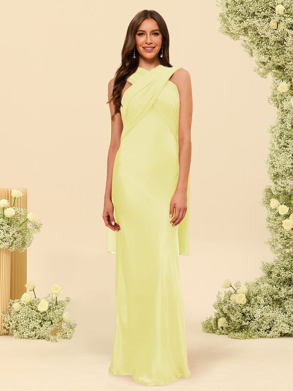 Sheath/Column Halter Sleeveless Floor-Length Lace-Up Bridesmaid Dresses