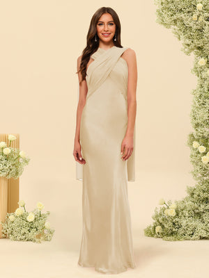 Sheath/Column Halter Sleeveless Floor-Length Lace-Up Bridesmaid Dresses