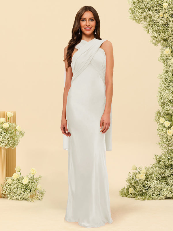 Sheath/Column Halter Sleeveless Floor-Length Lace-Up Bridesmaid Dresses