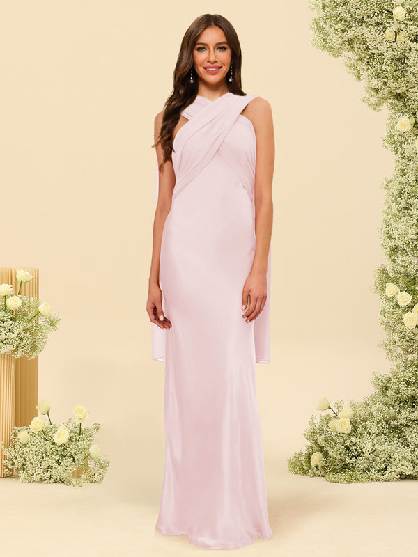 Sheath/Column Halter Sleeveless Floor-Length Lace-Up Bridesmaid Dresses
