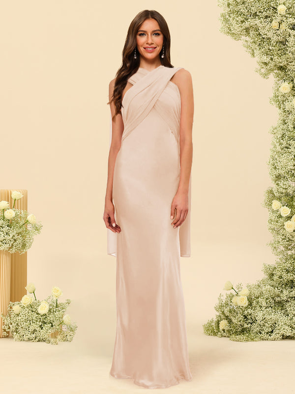 Sheath/Column Halter Sleeveless Floor-Length Lace-Up Bridesmaid Dresses