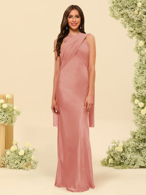 Sheath/Column Halter Sleeveless Floor-Length Lace-Up Bridesmaid Dresses