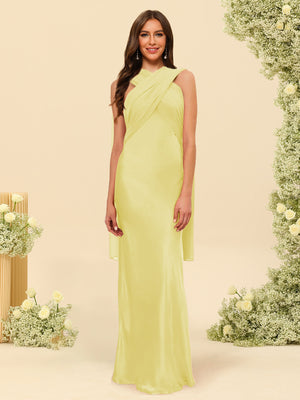 Sheath/Column Halter Sleeveless Floor-Length Lace-Up Bridesmaid Dresses