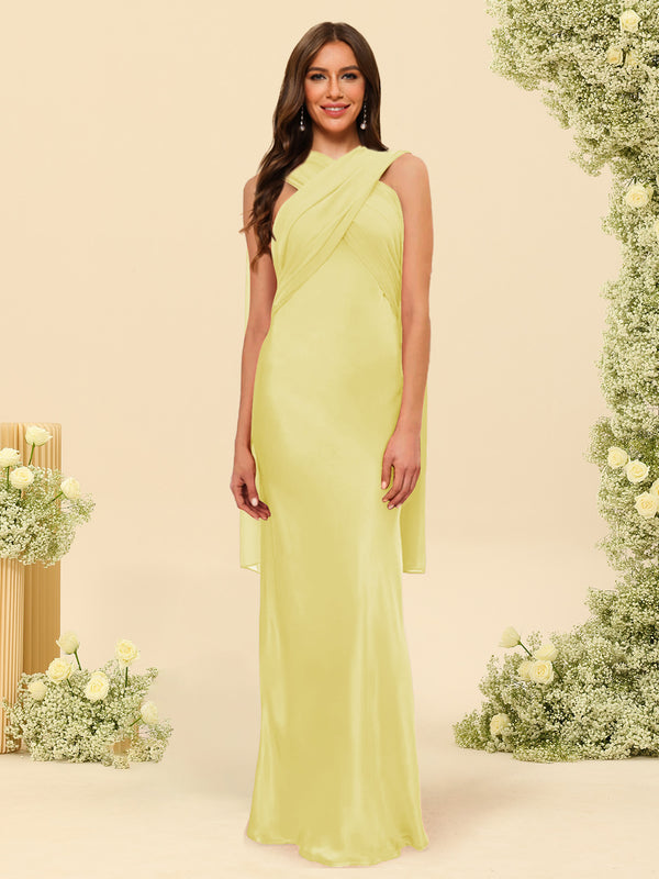 Sheath/Column Halter Sleeveless Floor-Length Lace-Up Bridesmaid Dresses