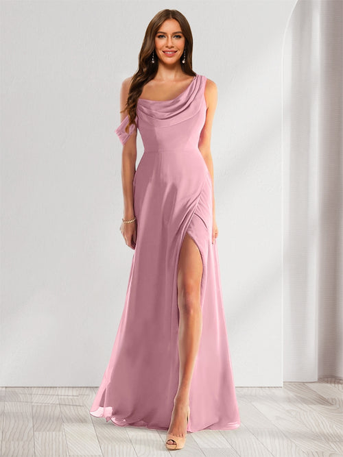 cowl neck chiffon bridesmaid dress with slit Blue Bridesmaid Dresses Spaghetti Straps Cowl Neck Sheath/Coulmn Ruched Floor Length Chiffon Bridesmaid Dress With Slit