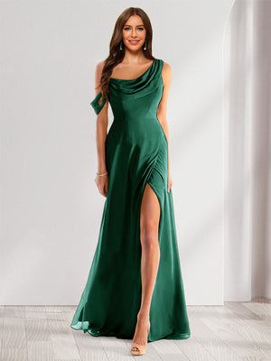 Sheath/Column Cowl Neck Sleeveless Floor-Length Chiffon Bridesmaid Dresses with Split Side