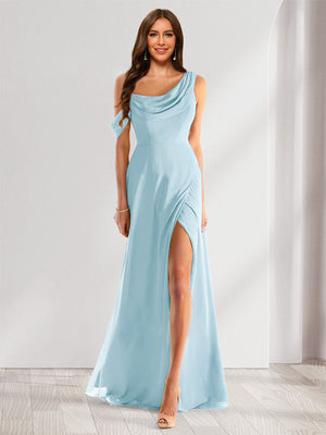 cowl neck chiffon bridesmaid dress with slit Spa Bridesmaid Dress Spaghetti Straps Cowl Neck Sheath/Coulmn Ruched Floor Length Chiffon Bridesmaid Dress With Slit