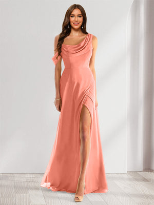 Sheath/Column Cowl Neck Sleeveless Floor-Length Chiffon Bridesmaid Dresses with Split Side