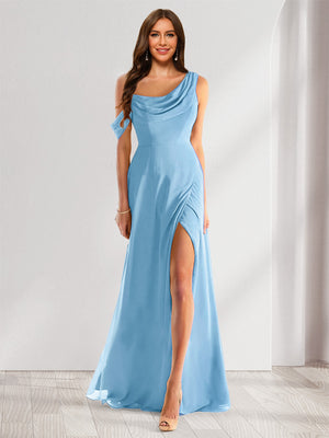 Sheath/Column Cowl Neck Sleeveless Floor-Length Chiffon Bridesmaid Dresses with Split Side