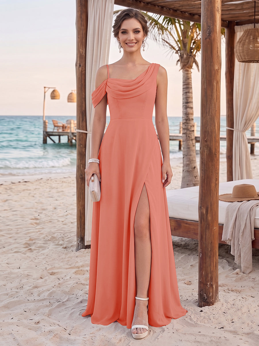 Sheath/Column Cowl Neck Sleeveless Floor-Length Bridesmaid Dresses with Split Side