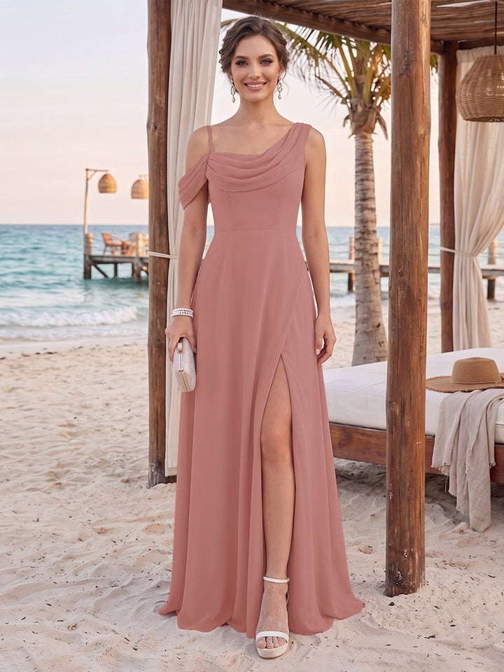 Sheath/Column Cowl Neck Sleeveless Floor-Length Bridesmaid Dresses with Split Side