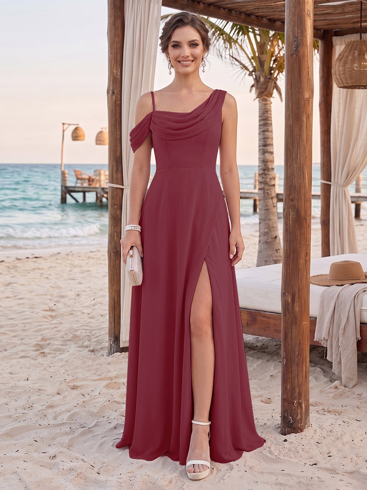 Sheath/Column Cowl Neck Sleeveless Floor-Length Bridesmaid Dresses with Split Side
