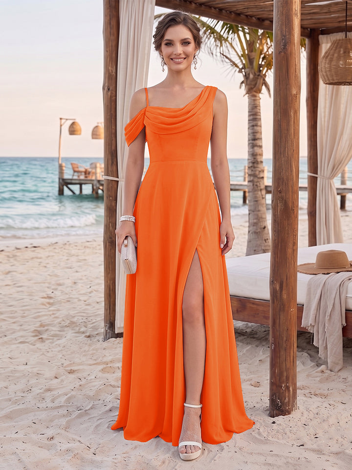 Sheath/Column Cowl Neck Sleeveless Floor-Length Bridesmaid Dresses with Split Side