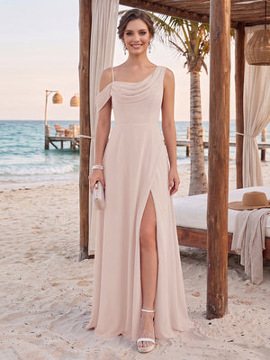 Sheath/Column Cowl Neck Sleeveless Floor-Length Bridesmaid Dresses with Split Side