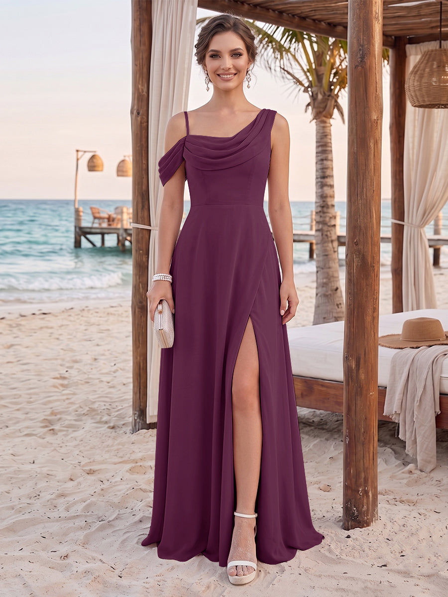 Sheath/Column Cowl Neck Sleeveless Floor-Length Bridesmaid Dresses with Split Side