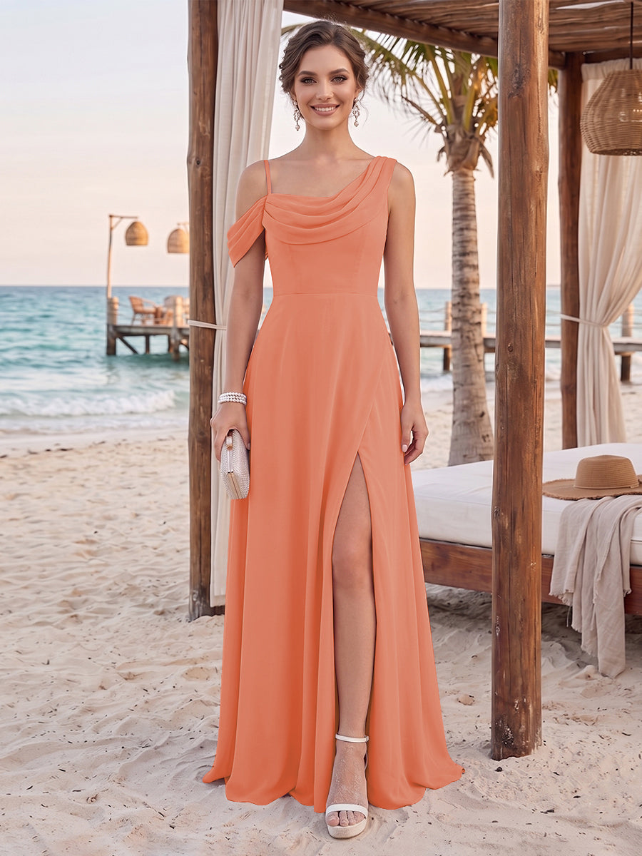 Lavetir Salmon Sheath/Column Cowl Neck Sleeveless Floor-Length Bridesmaid Dresses with Split Side 2026