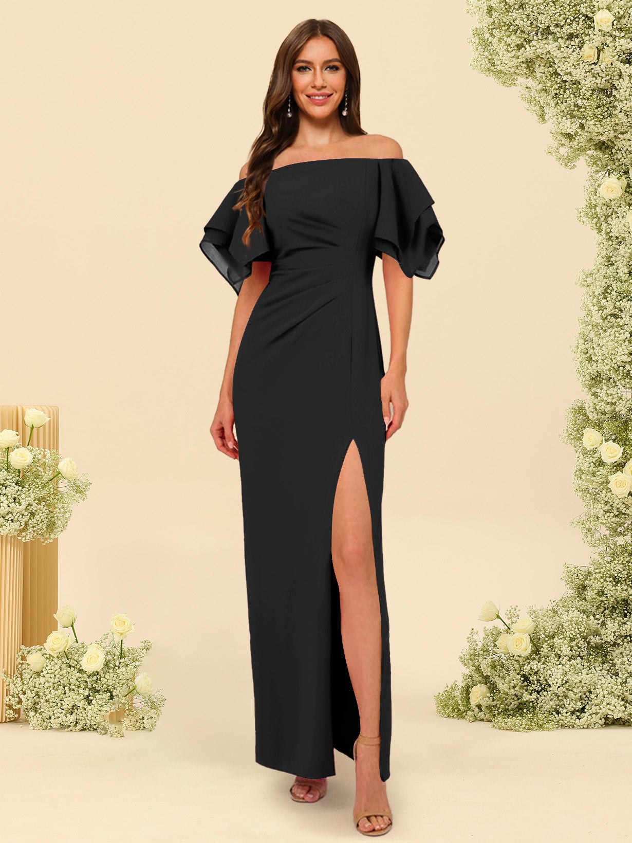 Sheath/Column Off-the-Shoulder Short Sleeves Bridesmaid Dresses with Split Side