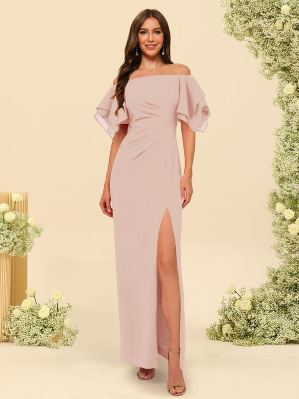 Sheath/Column Off-the-Shoulder Short Sleeves Bridesmaid Dresses with Split Side