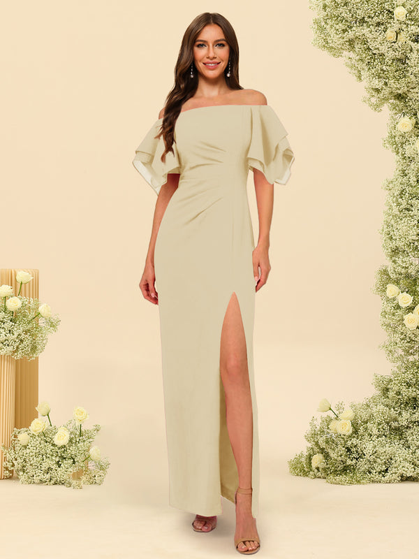 Sheath/Column Off-the-Shoulder Short Sleeves Bridesmaid Dresses with Split Side