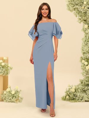 Sheath/Column Off-the-Shoulder Short Sleeves Bridesmaid Dresses with Split Side