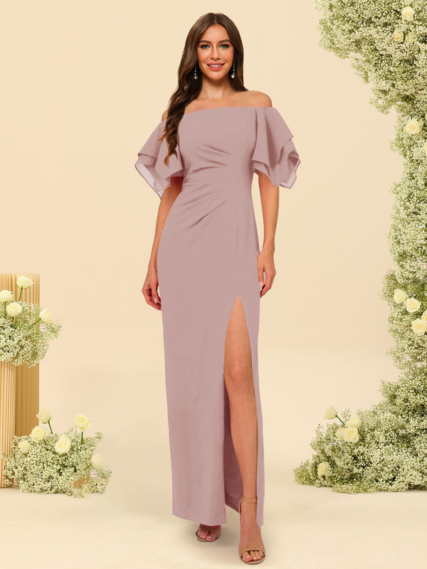 Sheath/Column Off-the-Shoulder Short Sleeves Bridesmaid Dresses with Split Side