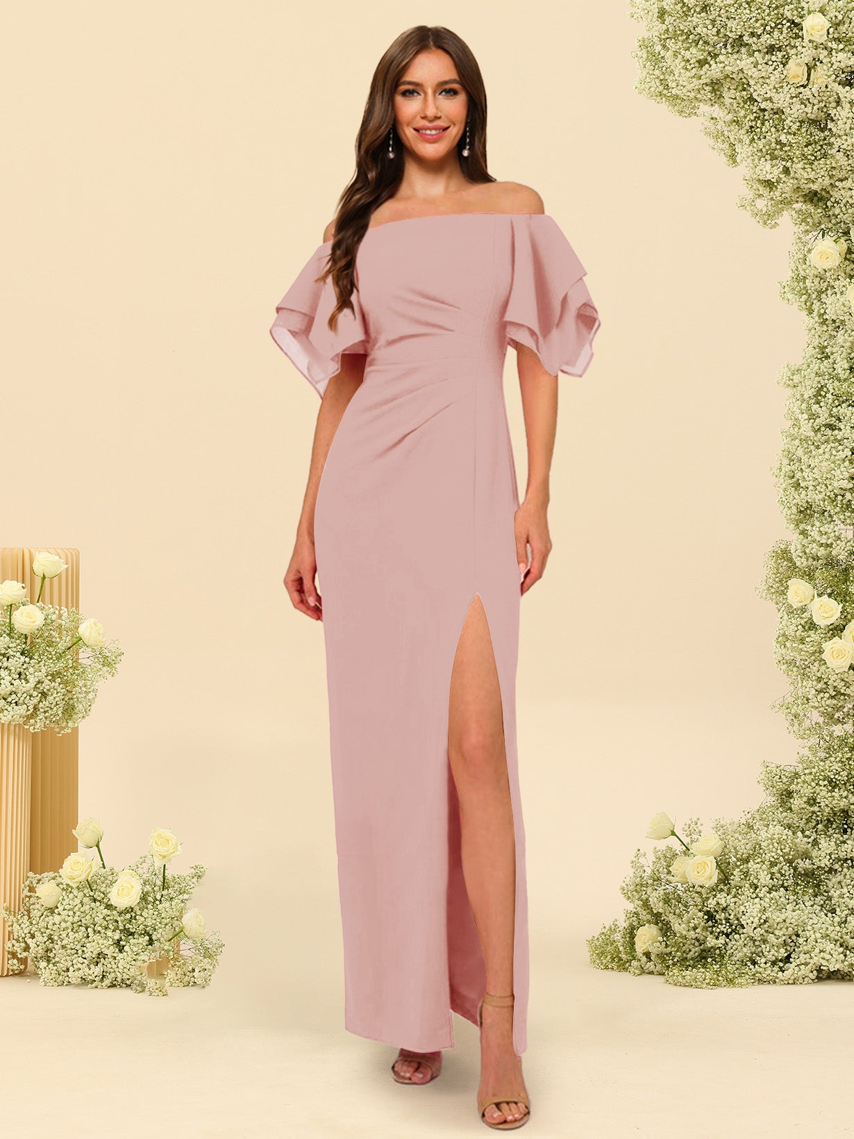 Sheath/Column Off-the-Shoulder Short Sleeves Bridesmaid Dresses with Split Side