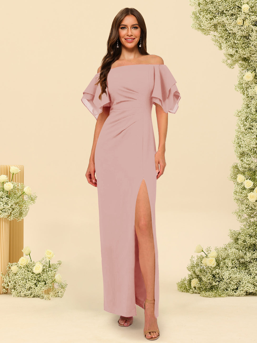 Sheath/Column Off-the-Shoulder Short Sleeves Bridesmaid Dresses with Split Side