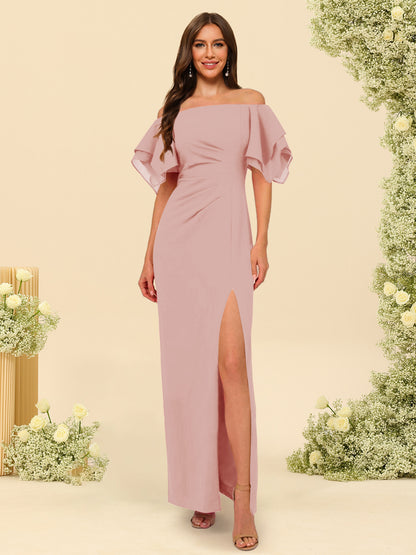 Sheath/Column Off-the-Shoulder Short Sleeves Bridesmaid Dresses with Split Side