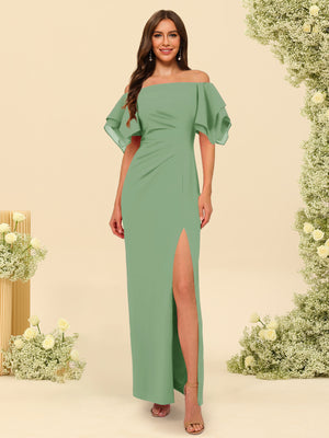 Sheath/Column Off-the-Shoulder Short Sleeves Bridesmaid Dresses with Split Side