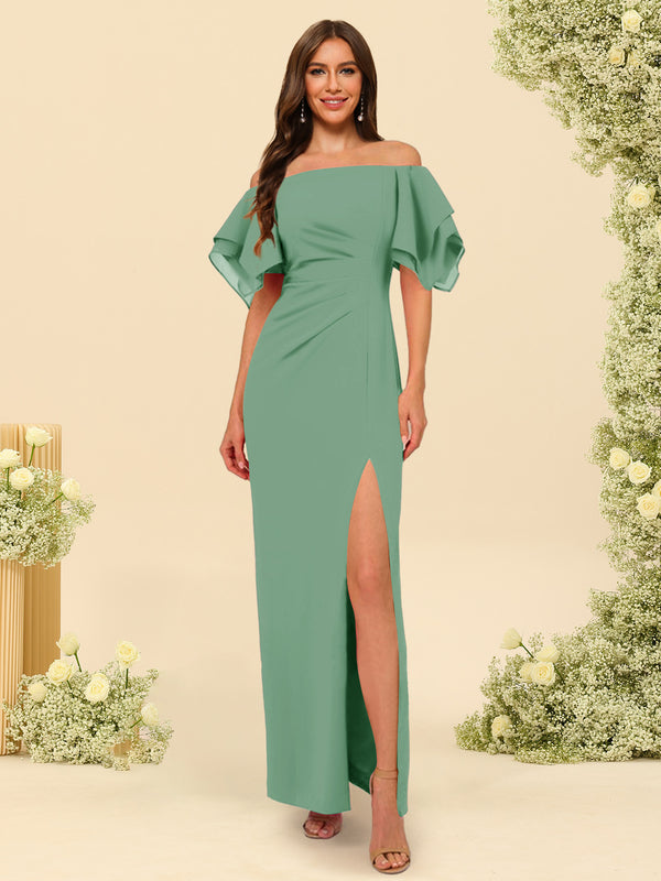 Sheath/Column Off-the-Shoulder Short Sleeves Bridesmaid Dresses with Split Side