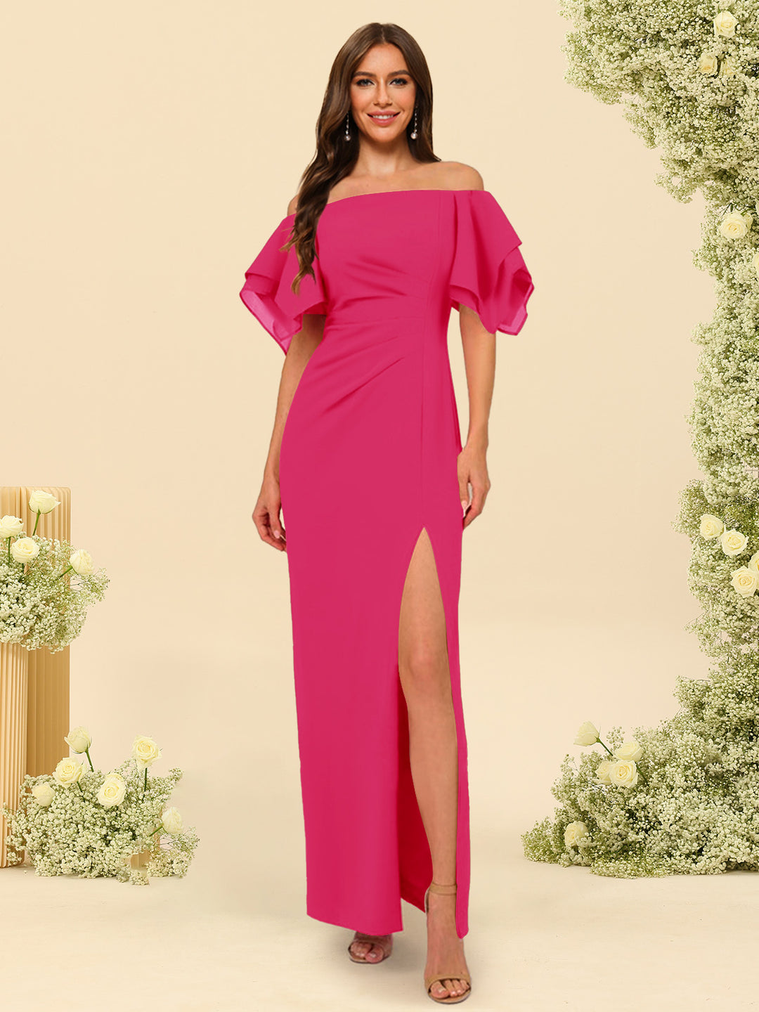 Sheath/Column Off-the-Shoulder Short Sleeves Bridesmaid Dresses with Split Side