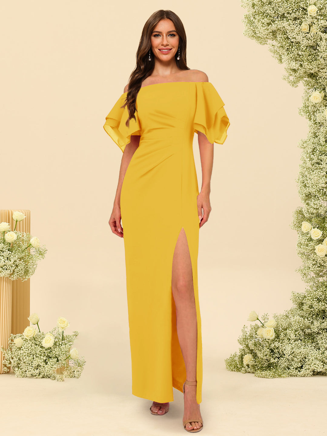 Sheath/Column Off-the-Shoulder Short Sleeves Bridesmaid Dresses with Split Side