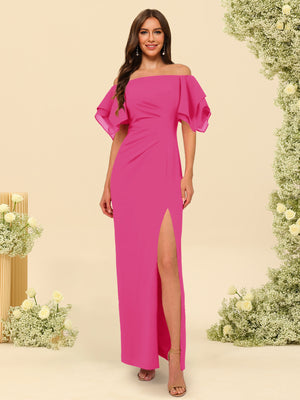 Sheath/Column Off-the-Shoulder Short Sleeves Bridesmaid Dresses with Split Side