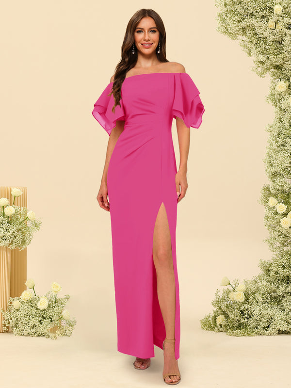 Sheath/Column Off-the-Shoulder Short Sleeves Bridesmaid Dresses with Split Side