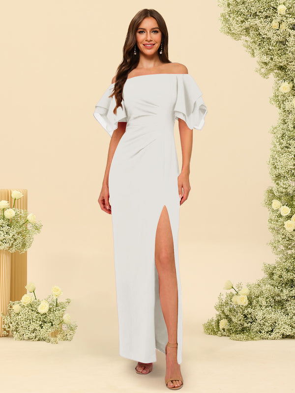 Sheath/Column Off-the-Shoulder Short Sleeves Bridesmaid Dresses with Split Side