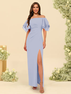 Sheath/Column Off-the-Shoulder Short Sleeves Bridesmaid Dresses with Split Side
