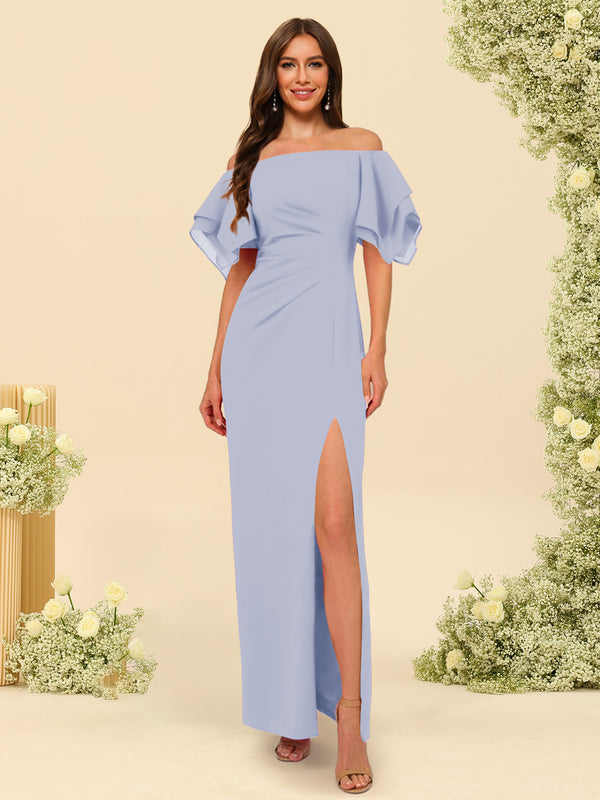 Sheath/Column Off-the-Shoulder Short Sleeves Bridesmaid Dresses with Split Side