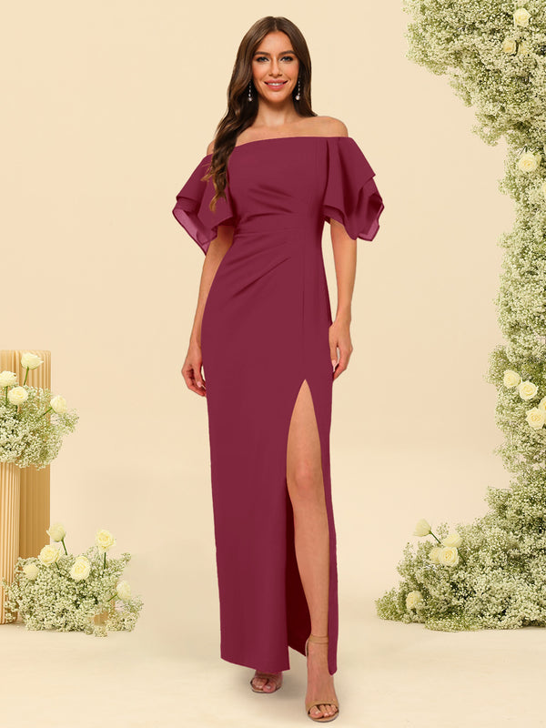 Sheath/Column Off-the-Shoulder Short Sleeves Bridesmaid Dresses with Split Side