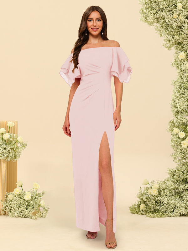 Sheath/Column Off-the-Shoulder Short Sleeves Bridesmaid Dresses with Split Side