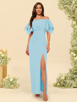 Sheath/Column Off-the-Shoulder Short Sleeves Bridesmaid Dresses with Split Side